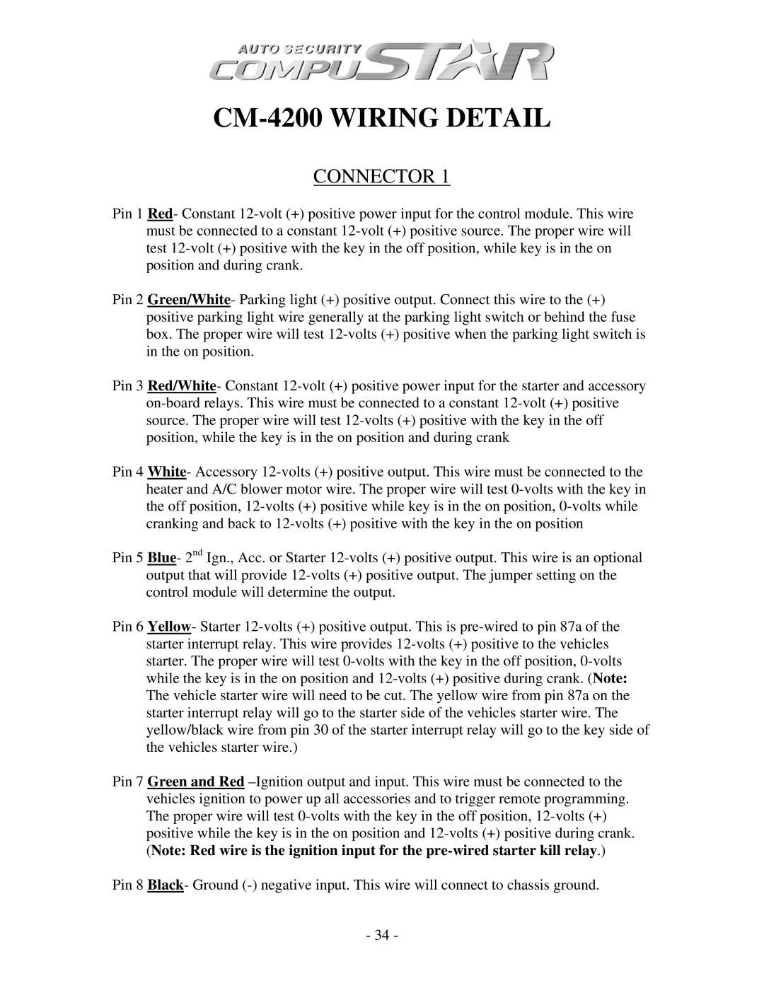 Firstech, LLC CM1000A, CM3 SERIES, CM4200 manual CM-4200 Wiring Detail 