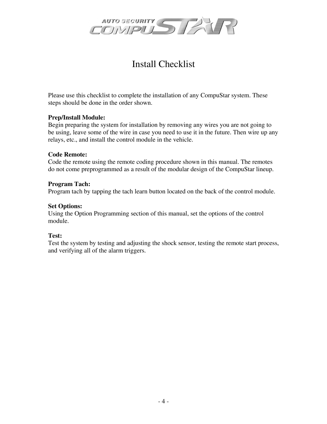 Firstech, LLC CM1000A, CM3 SERIES, CM4200 manual Install Checklist 