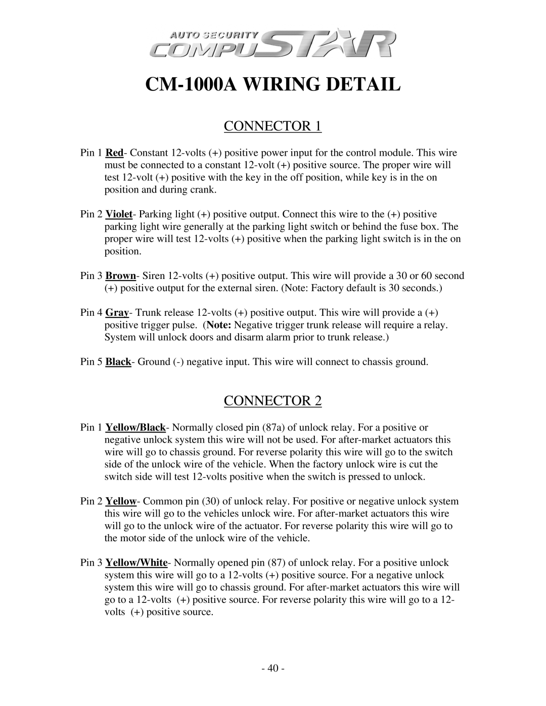 Firstech, LLC CM1000A, CM3 SERIES, CM4200 manual CM-1000A Wiring Detail 