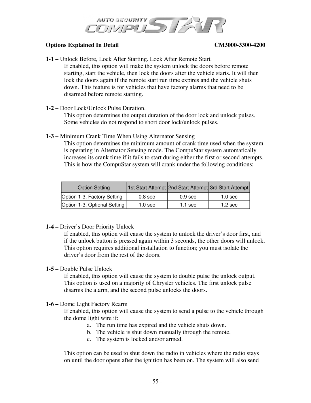 Firstech, LLC CM1000A, CM3 SERIES, CM4200 manual Options Explained In Detail CM3000-3300-4200 