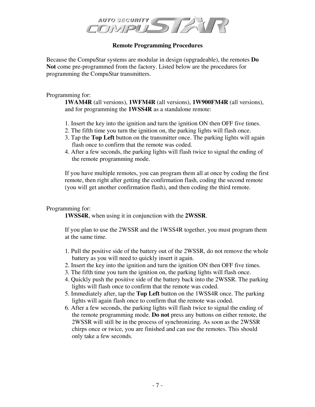 Firstech, LLC CM1000A, CM3 SERIES, CM4200 manual Remote Programming Procedures 