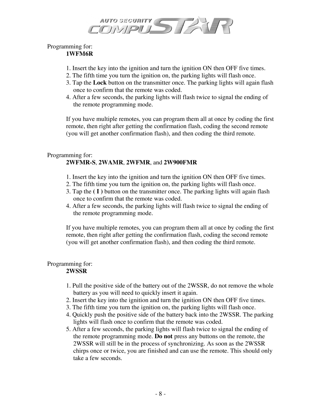 Firstech, LLC CM4200, CM3 SERIES, CM1000A manual 1WFM6R, 2WFMR-S,2WAMR, 2WFMR, and 2W900FMR 