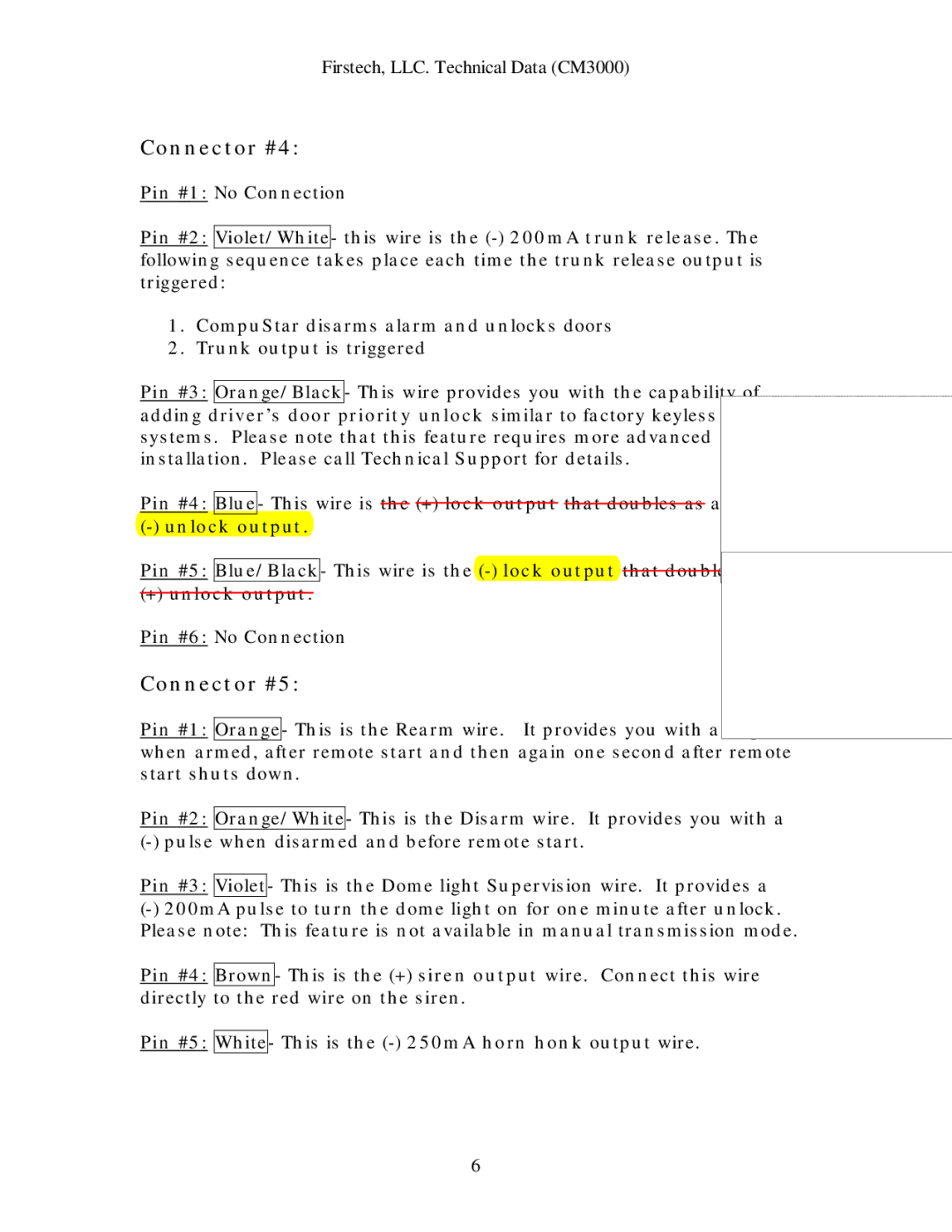 Firstech, LLC CM3000 installation manual Connector #4, Connector #5, + unlock output, Pin #5 