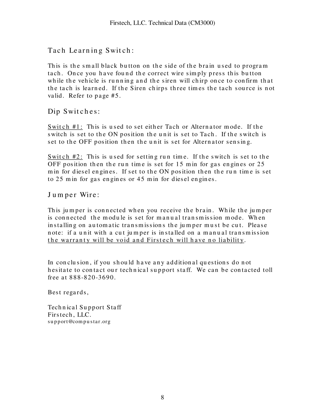 Firstech, LLC CM3000 installation manual Tach Learning Switch, Dip Switches, Jumper Wire 