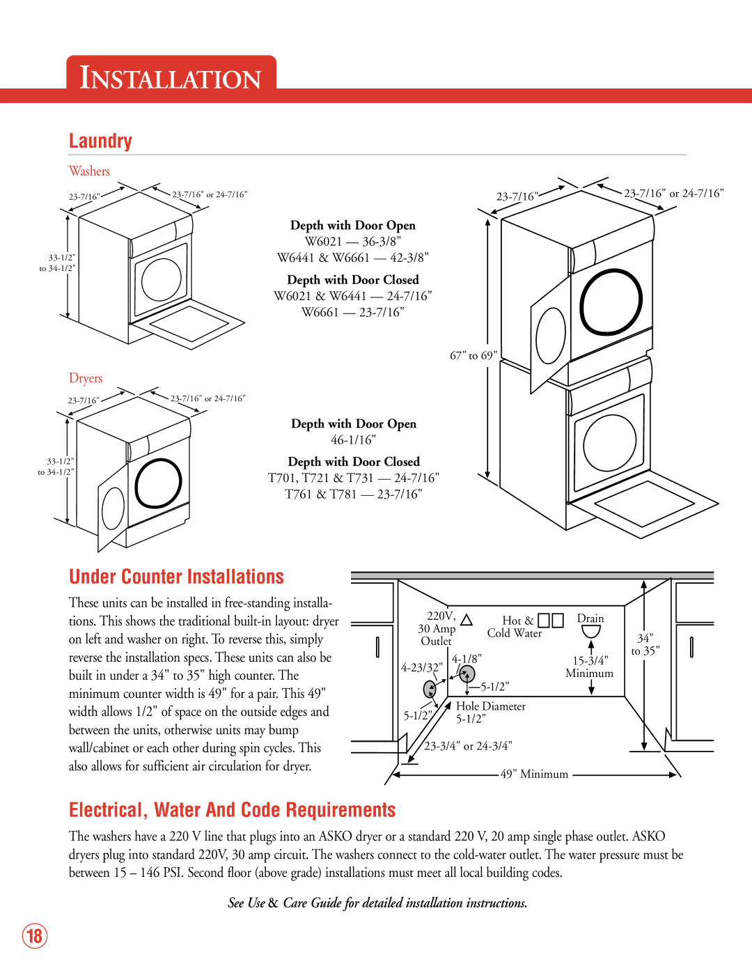 Fisher & Paykel 2002 VRS 2.0 manual Laundry, Under Counter Installations, Electrical, Water And Code Requirements 