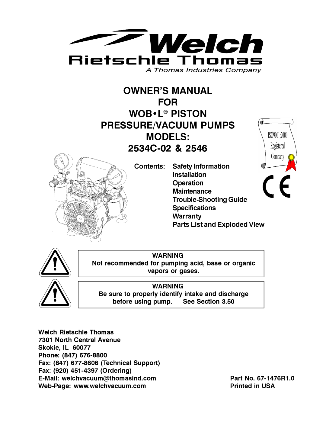 Fisher & Paykel 2546, 2534C-02 owner manual For Wobl Piston PRESSURE/VACUUM Pumps Models 