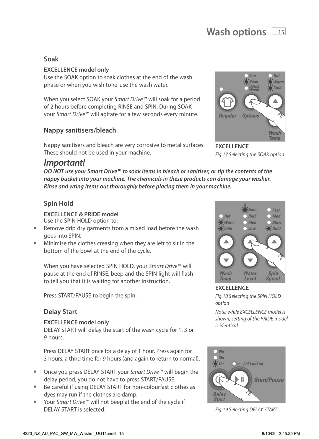 Fisher & Paykel 4323 installation instructions Wash options, Soak, Nappy sanitisers/bleach, Spin Hold, Delay Start 