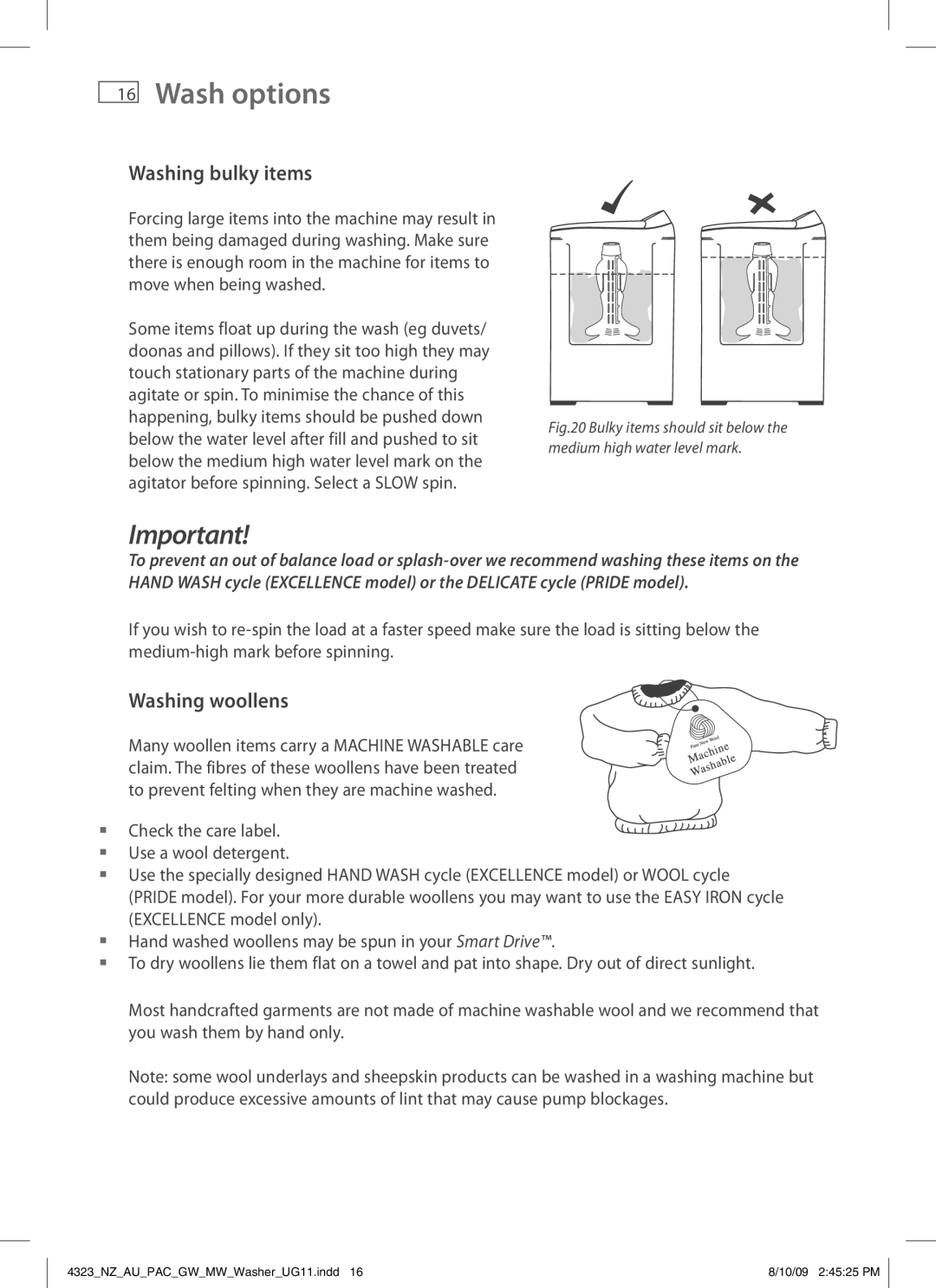 Fisher & Paykel 4323 installation instructions Washing bulky items, Washing woollens 