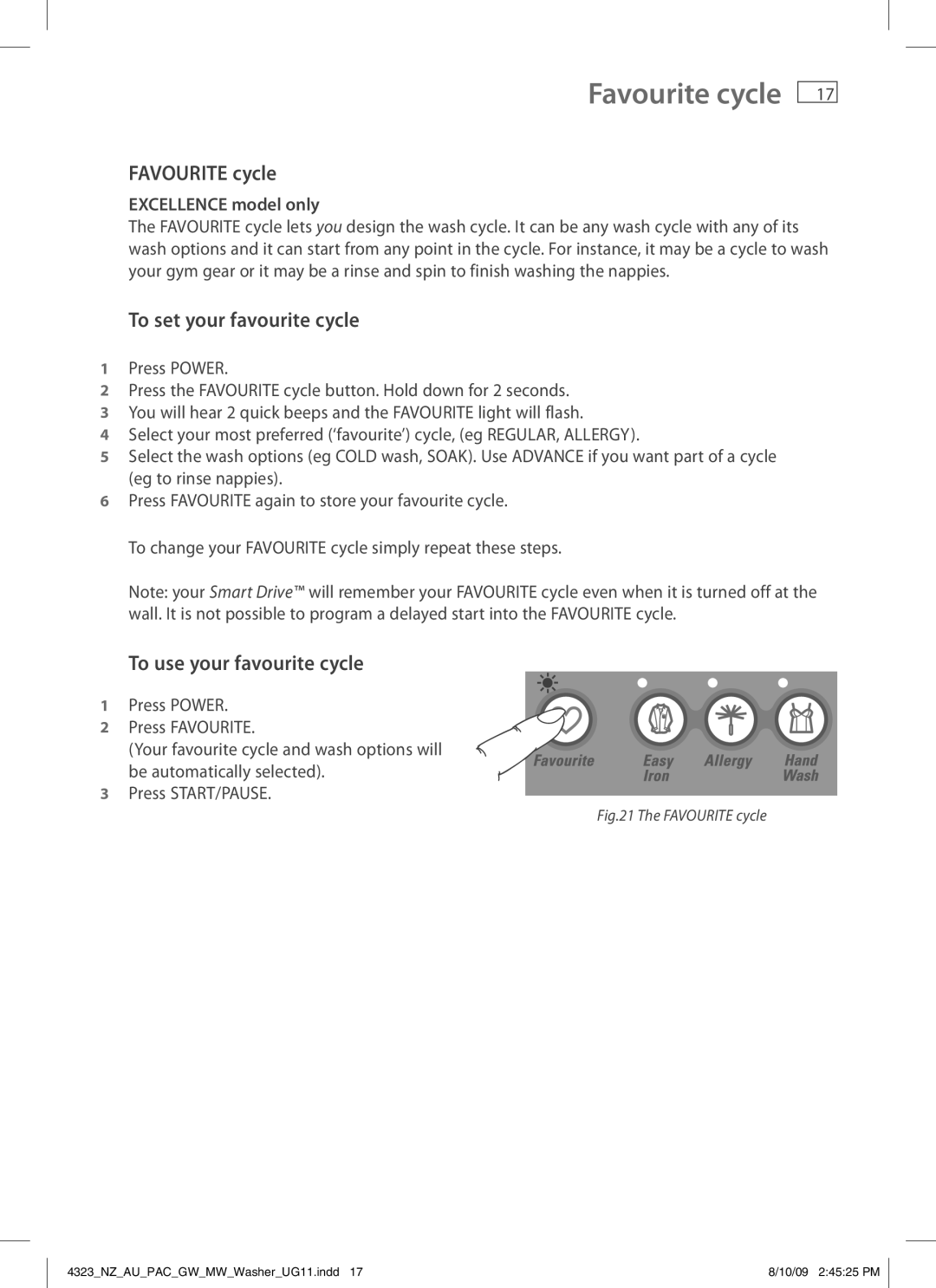 Fisher & Paykel 4323 installation instructions Favourite cycle, To set your favourite cycle, To use your favourite cycle 