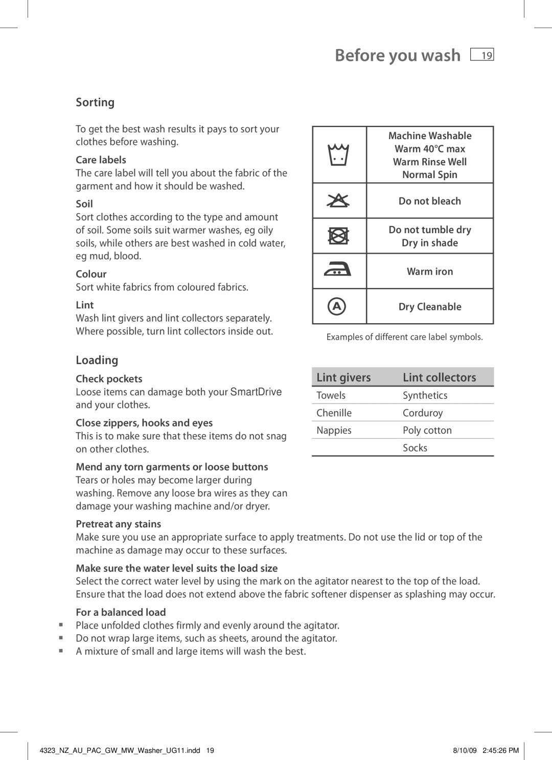 Fisher & Paykel 4323 installation instructions Before you wash, Sorting, Loading, Lint givers Lint collectors 