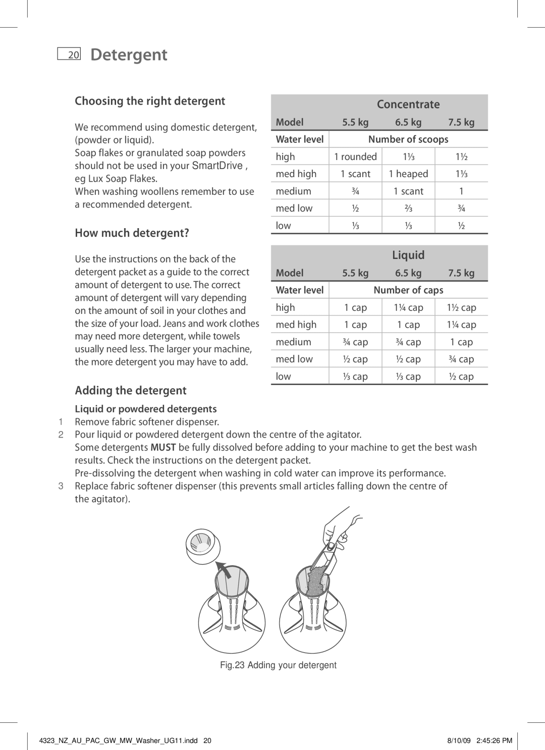 Fisher & Paykel 4323 Detergent, Choosing the right detergent, How much detergent?, Adding the detergent 