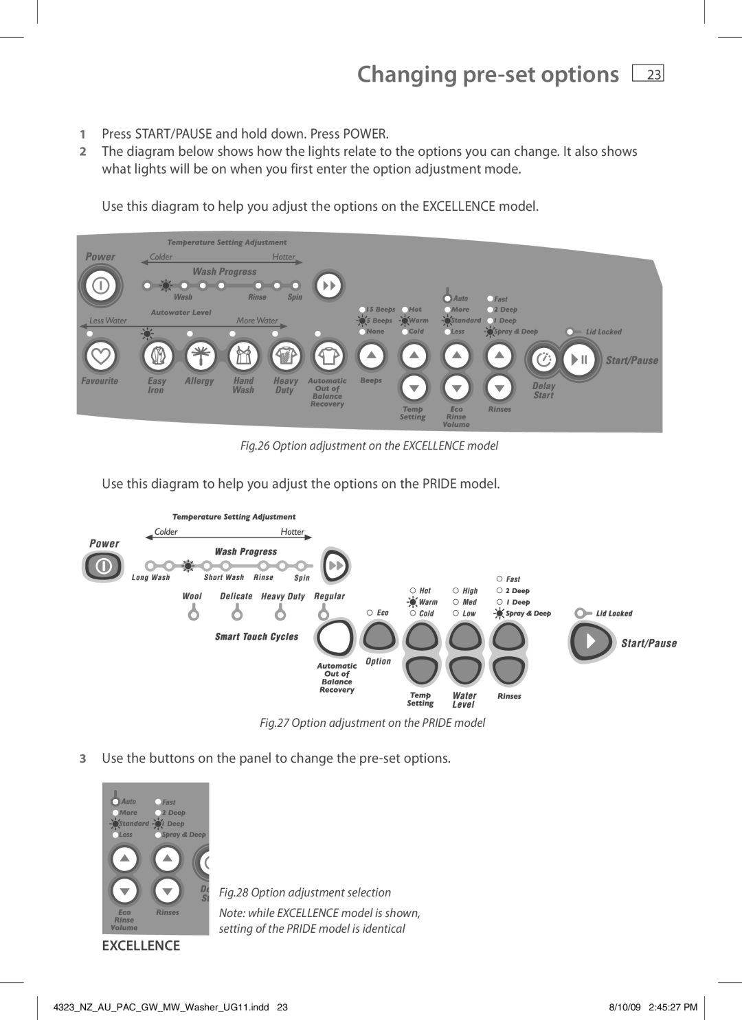 Fisher & Paykel 4323 installation instructions Use the buttons on the panel to change the pre-set options 