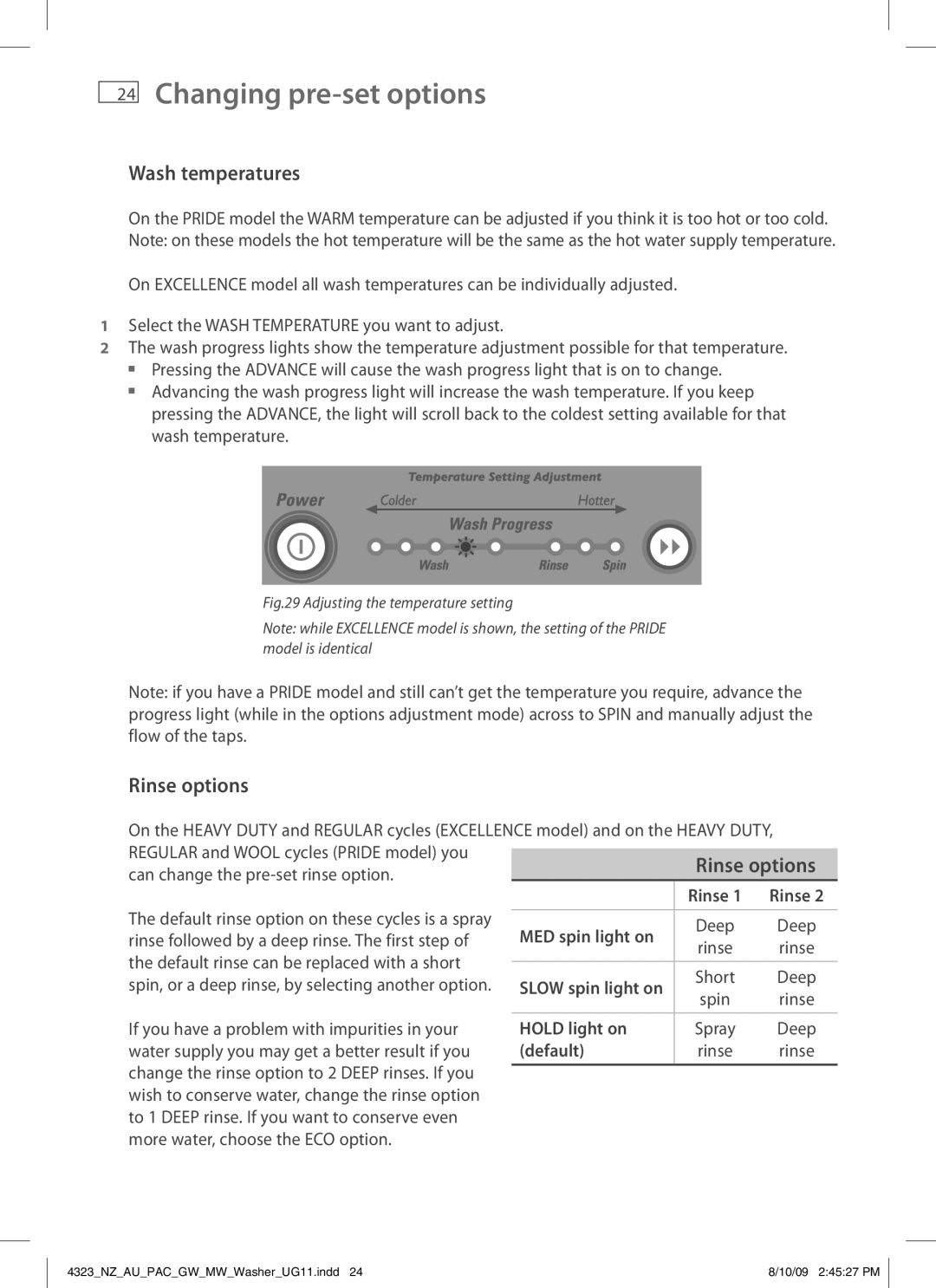 Fisher & Paykel 4323 installation instructions Wash temperatures, Rinse options, MED spin light on, Hold light on, Default 