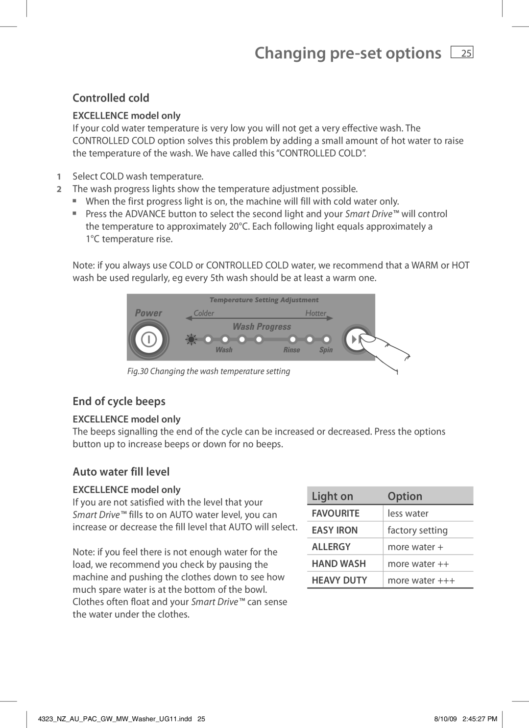 Fisher & Paykel 4323 installation instructions Controlled cold, End of cycle beeps, Auto water fill level, Light on Option 