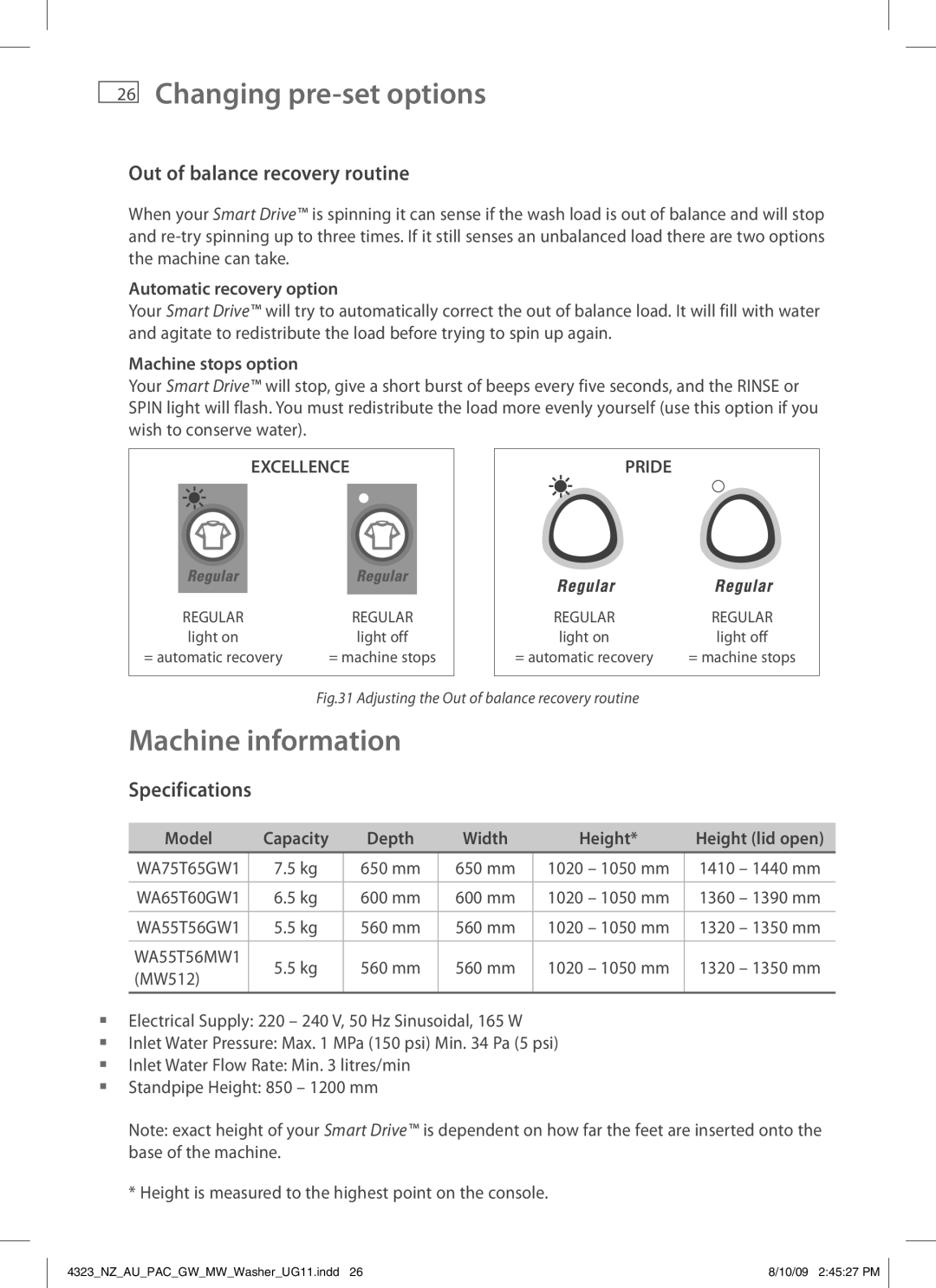 Fisher & Paykel 4323 installation instructions Machine information, Out of balance recovery routine, Specifications 