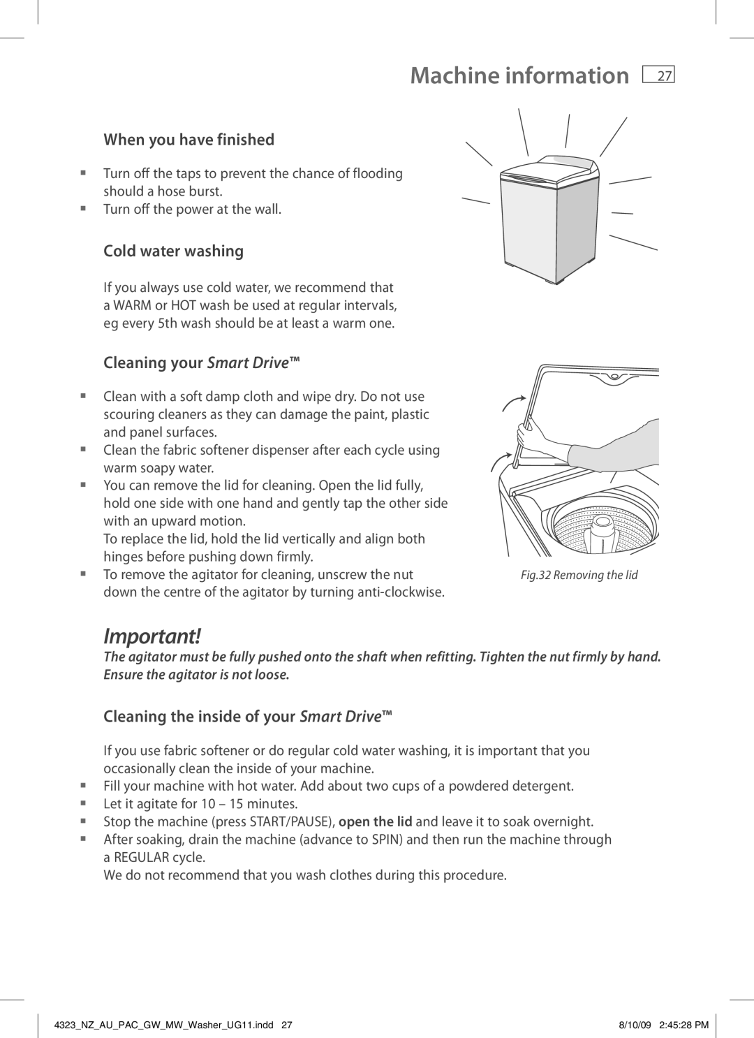 Fisher & Paykel 4323 installation instructions When you have finished, Cold water washing, Cleaning your Smart Drive 