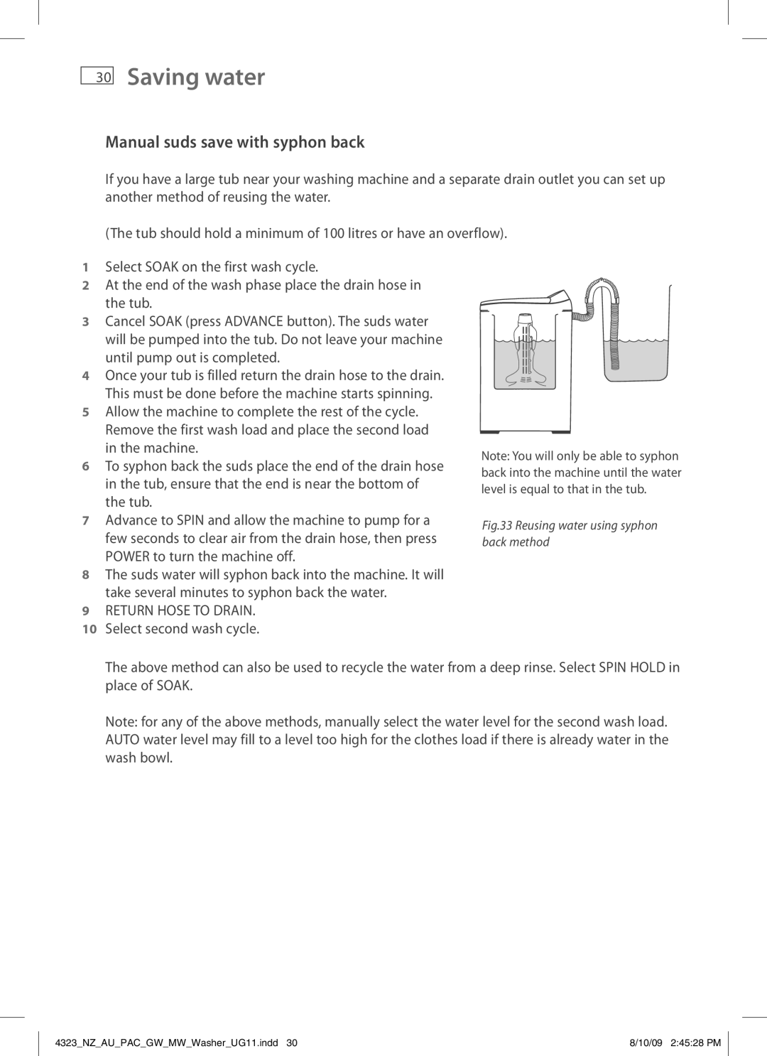 Fisher & Paykel 4323 installation instructions Manual suds save with syphon back, Return Hose to Drain 