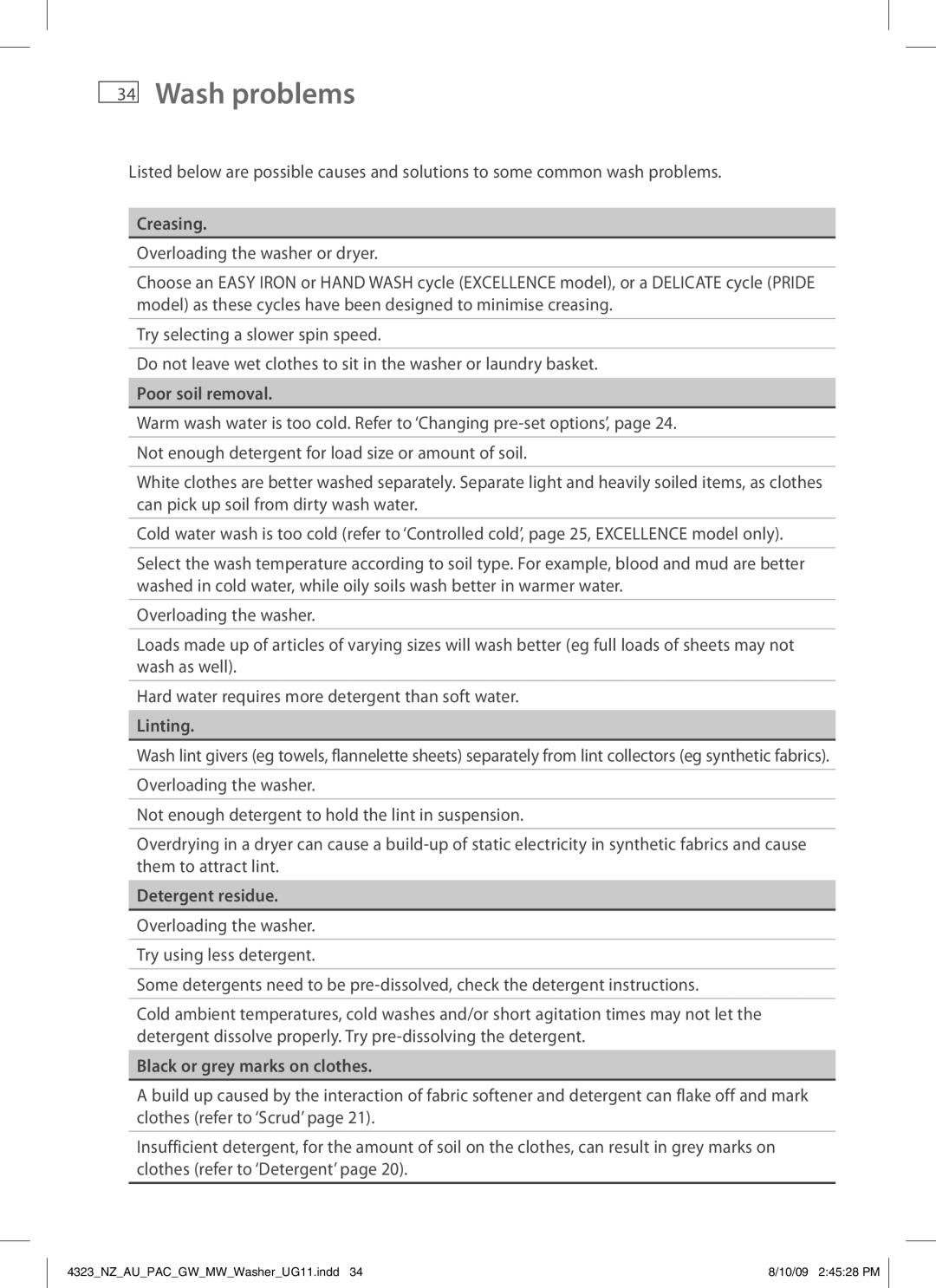 Fisher & Paykel 4323 installation instructions Wash problems 