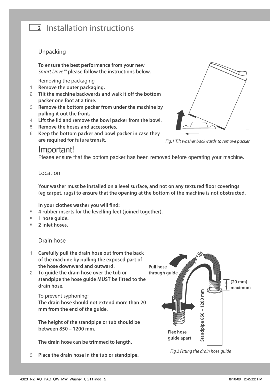 Fisher & Paykel 4323 installation instructions Installation instructions, Unpacking, Location, Drain hose 
