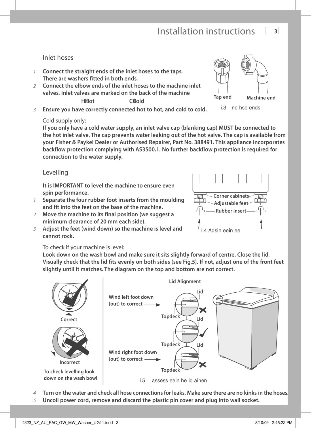 Fisher & Paykel 4323 installation instructions Inlet hoses, Levelling, Cold supply only, To check if your machine is level 