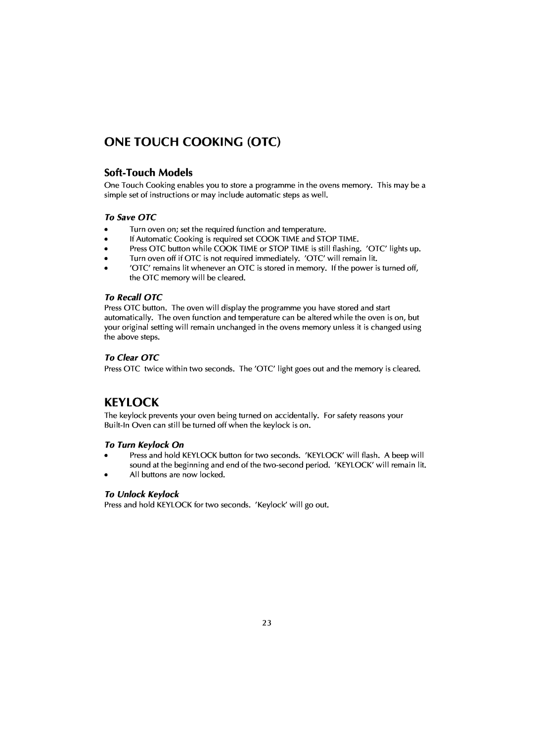 Fisher & Paykel 447443 manual One Touch Cooking Otc, To Save OTC, To Recall OTC, To Clear OTC, To Turn Keylock On 