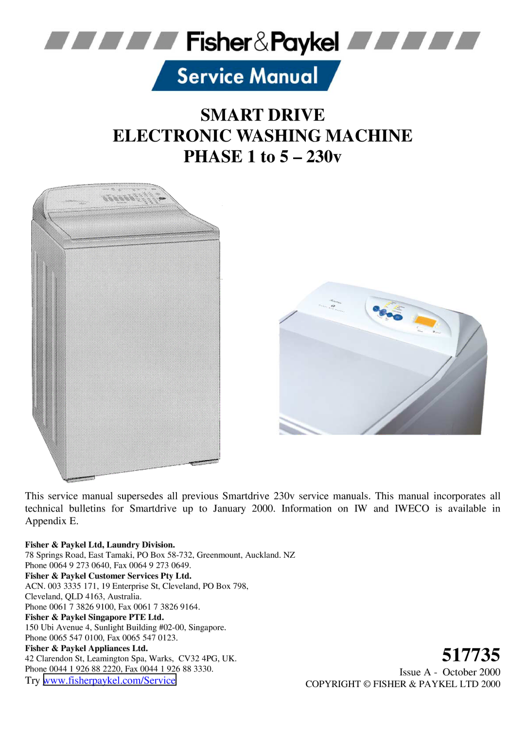 Fisher & Paykel 517735 service manual Smart Drive Electronic Washing Machine, Phase 1 to 5 