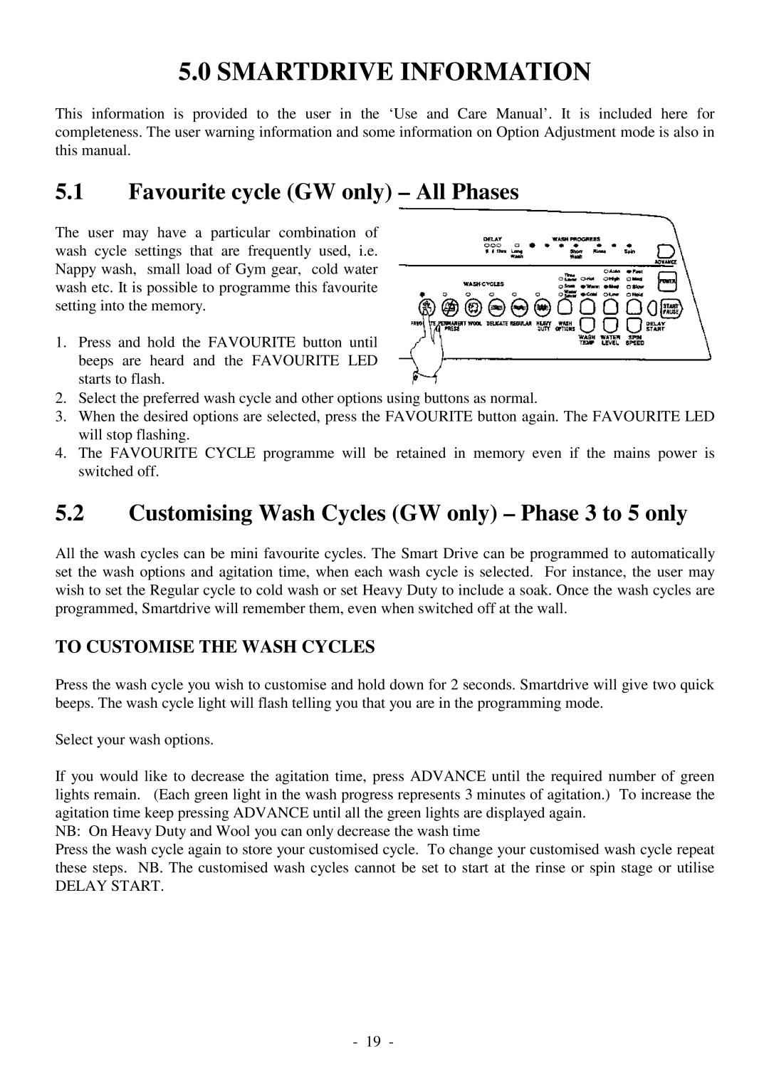 Fisher & Paykel 517735 service manual Smartdrive Information, Favourite cycle GW only All Phases 