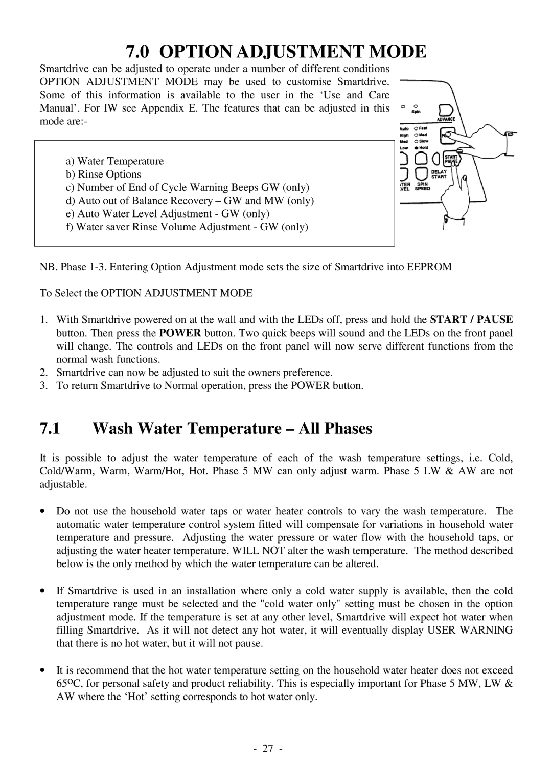 Fisher & Paykel 517735 service manual Option Adjustment Mode, Wash Water Temperature All Phases 