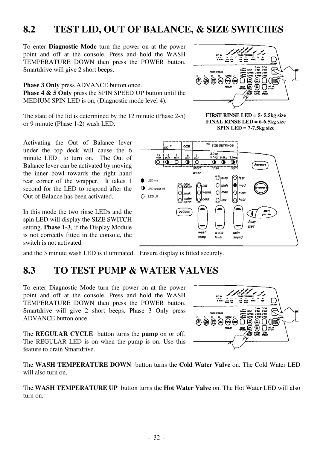 Fisher & Paykel 517735 service manual Test LID, OUT of BALANCE, & Size Switches, To Test Pump & Water Valves 