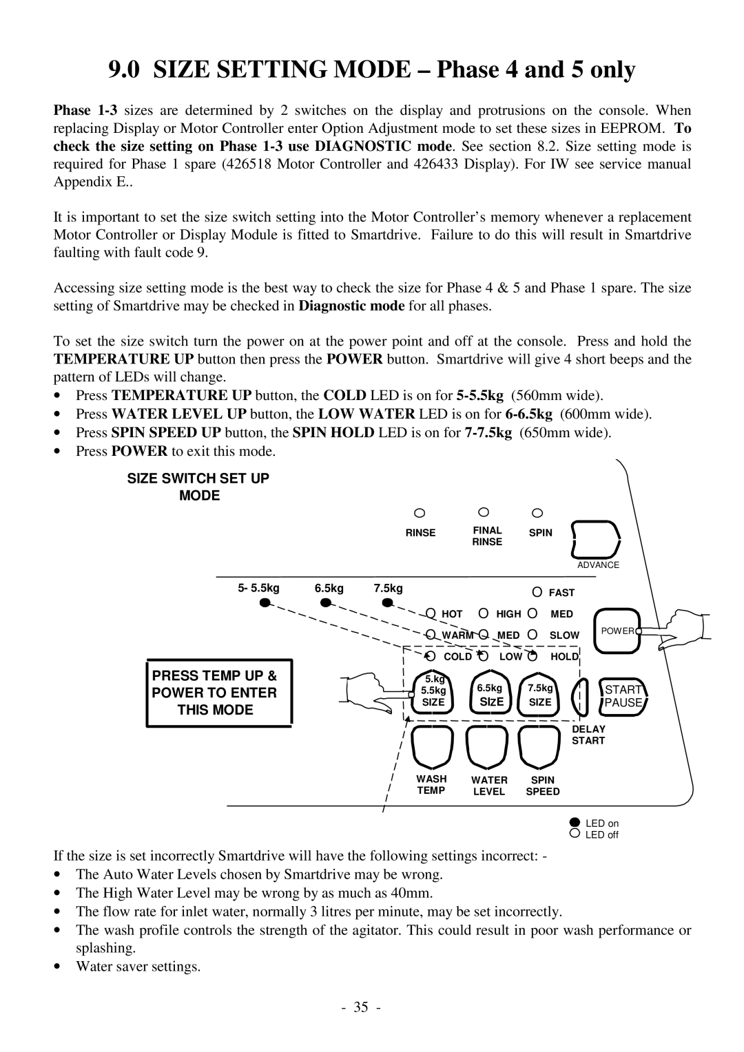 Fisher & Paykel 517735 service manual Size Setting Mode Phase 4 and 5 only 