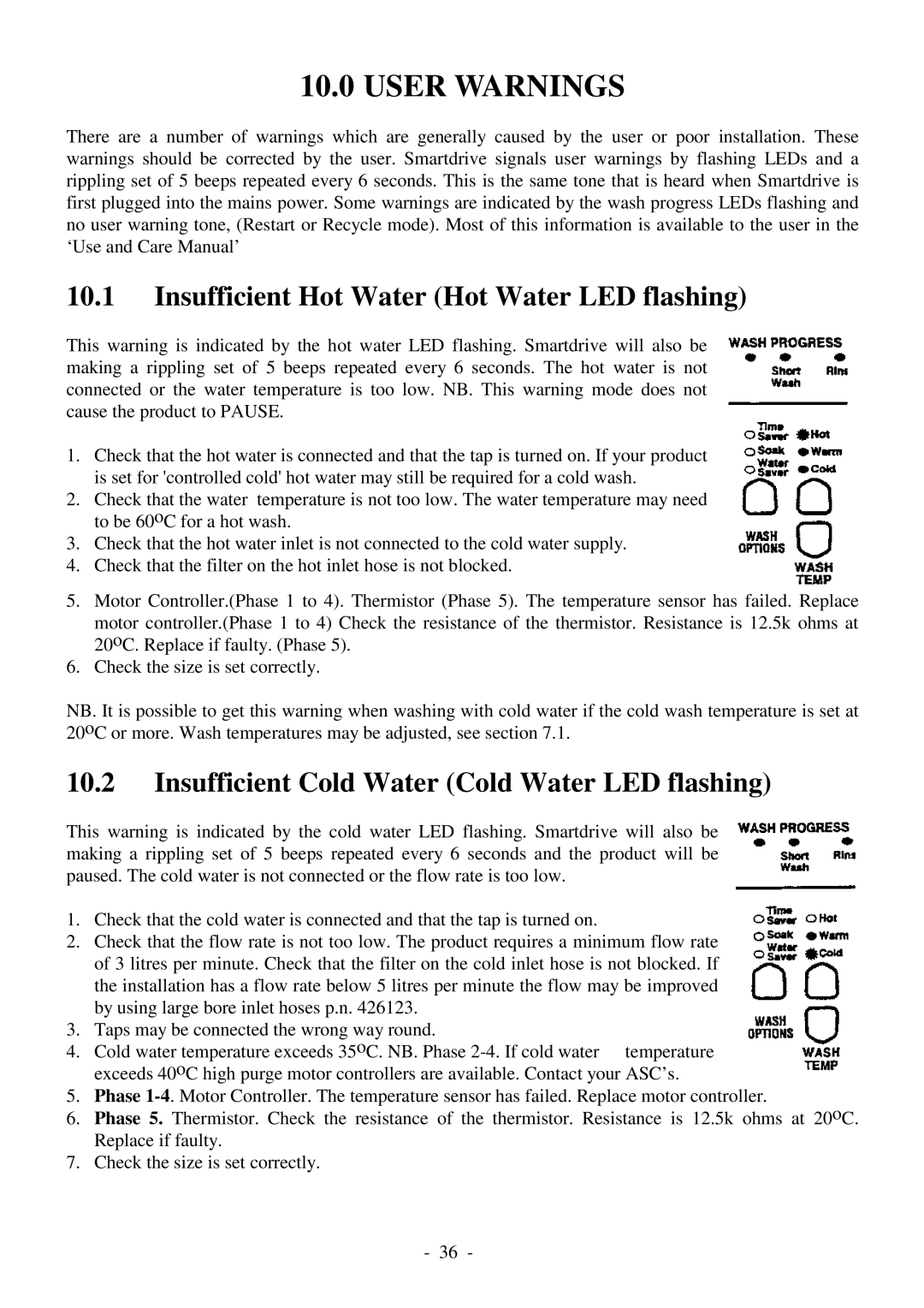 Fisher & Paykel 517735 service manual User Warnings, Insufficient Hot Water Hot Water LED flashing 