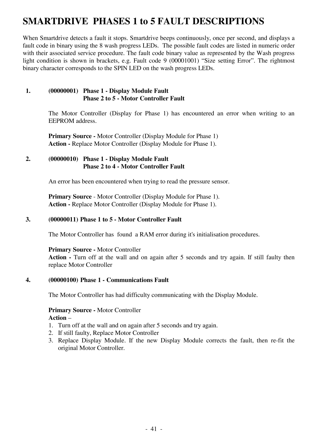 Fisher & Paykel 517735 service manual Smartdrive Phases 1 to 5 Fault Descriptions, Phase 1 to 5 Motor Controller Fault 