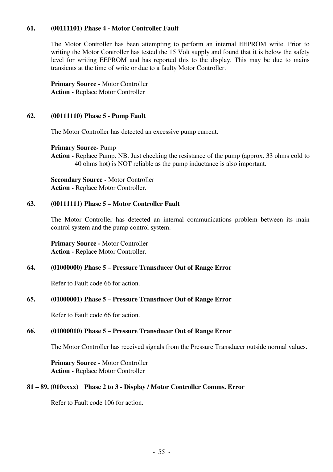 Fisher & Paykel 517735 service manual Phase 4 Motor Controller Fault, Primary Source- Pump 