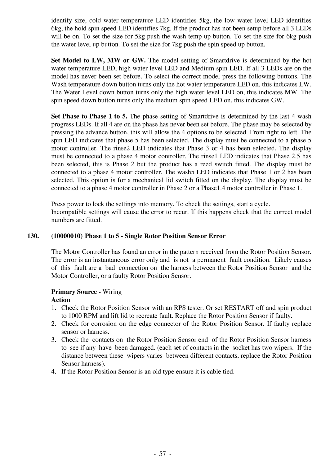 Fisher & Paykel 517735 service manual Phase 1 to 5 Single Rotor Position Sensor Error, Primary Source Wiring Action 