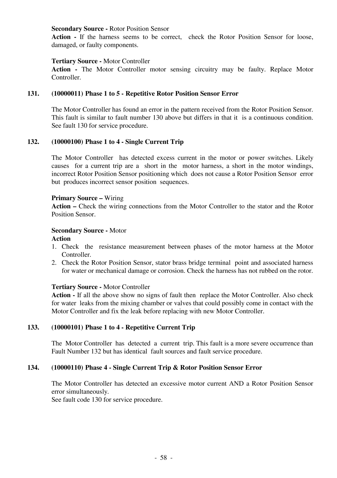 Fisher & Paykel 517735 service manual Phase 1 to 5 Repetitive Rotor Position Sensor Error, Phase 1 to 4 Single Current Trip 