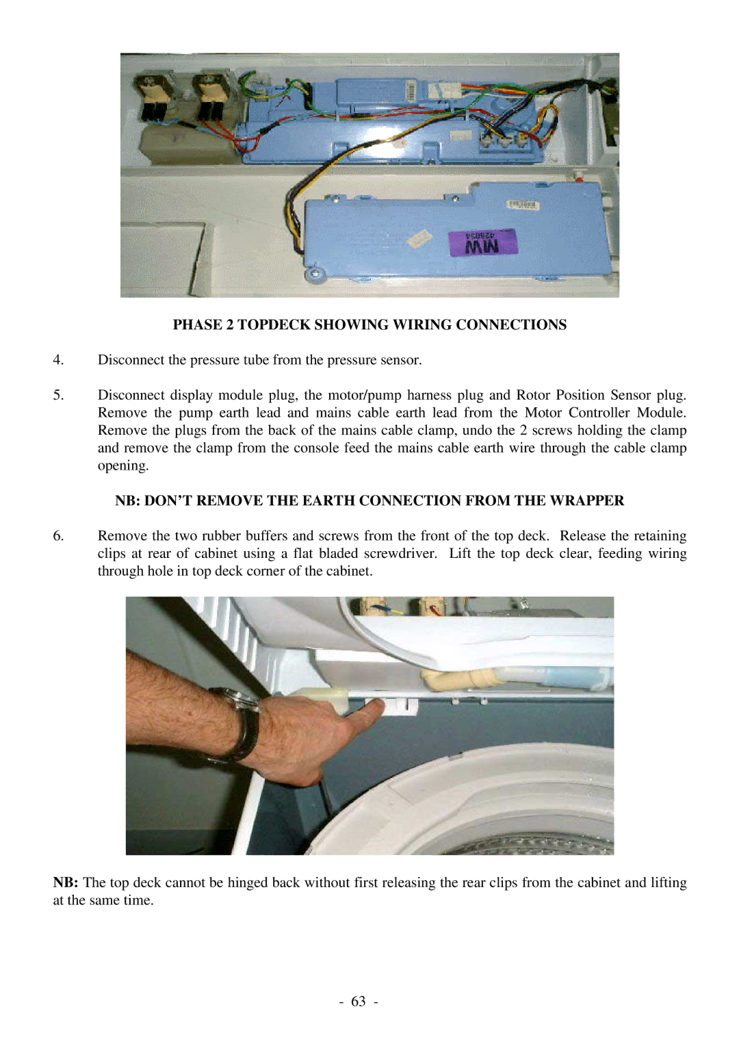 Fisher & Paykel 517735 Phase 2 Topdeck Showing Wiring Connections, NB DON’T Remove the Earth Connection from the Wrapper 