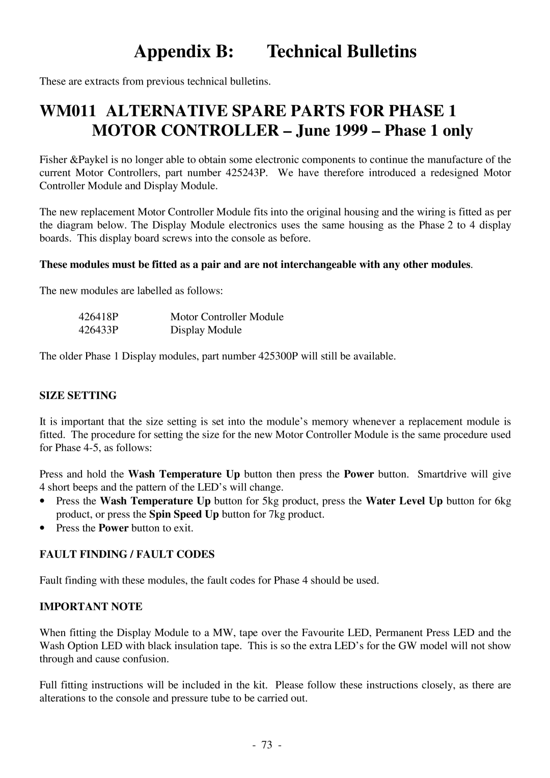 Fisher & Paykel 517735 service manual Size Setting, Fault Finding / Fault Codes, Important Note 