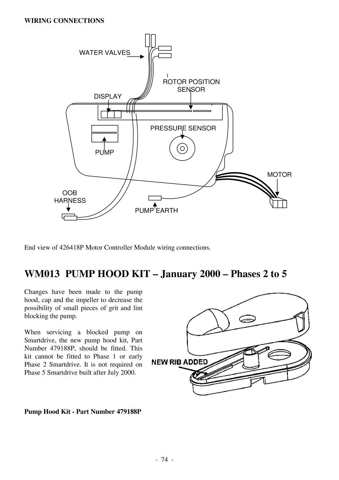 Fisher & Paykel 517735 WM013 Pump Hood KIT January 2000 Phases 2 to, Wiring Connections, Pump Hood Kit Part Number 479188P 