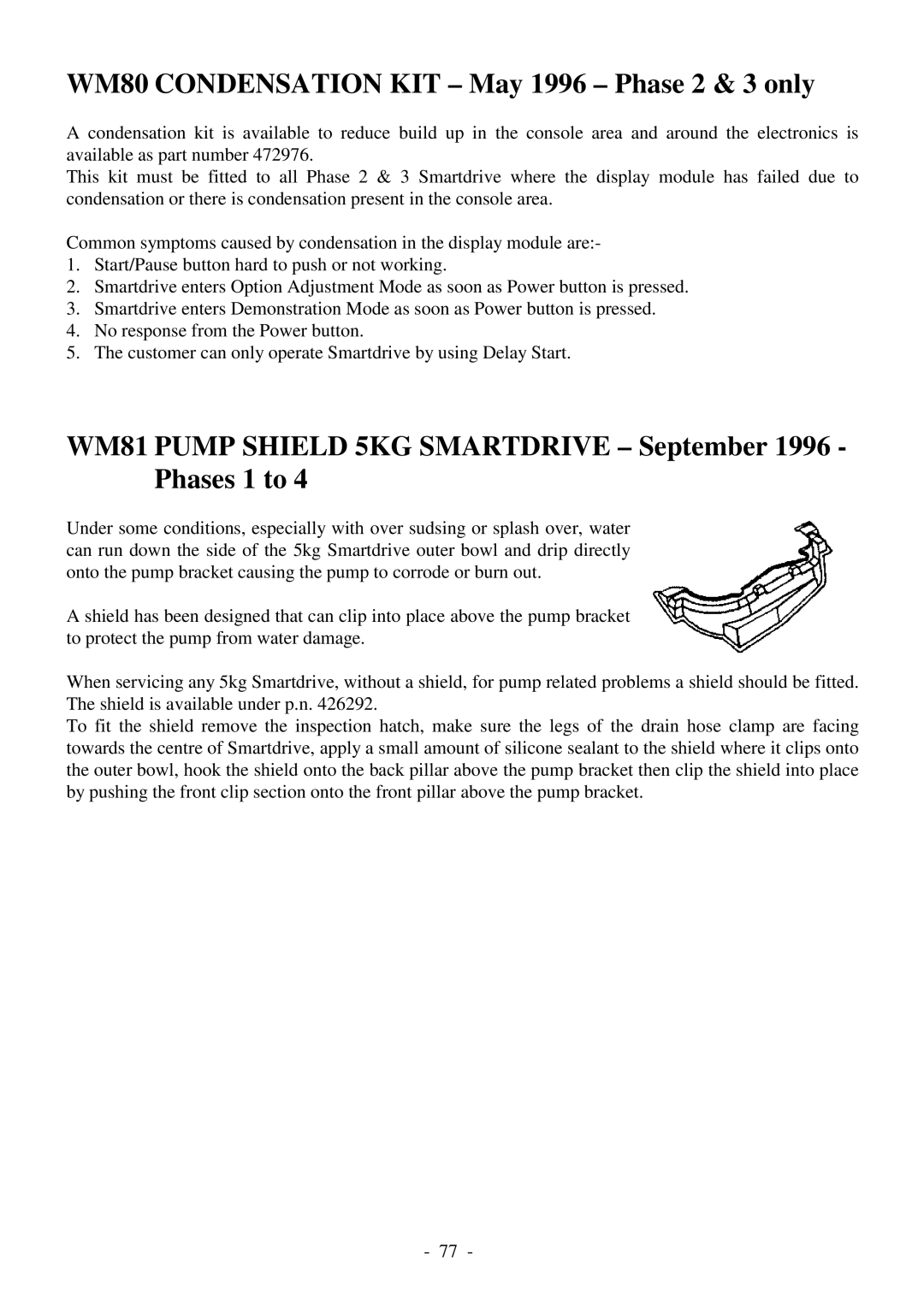 Fisher & Paykel 517735 service manual WM80 Condensation KIT May 1996 Phase 2 & 3 only 