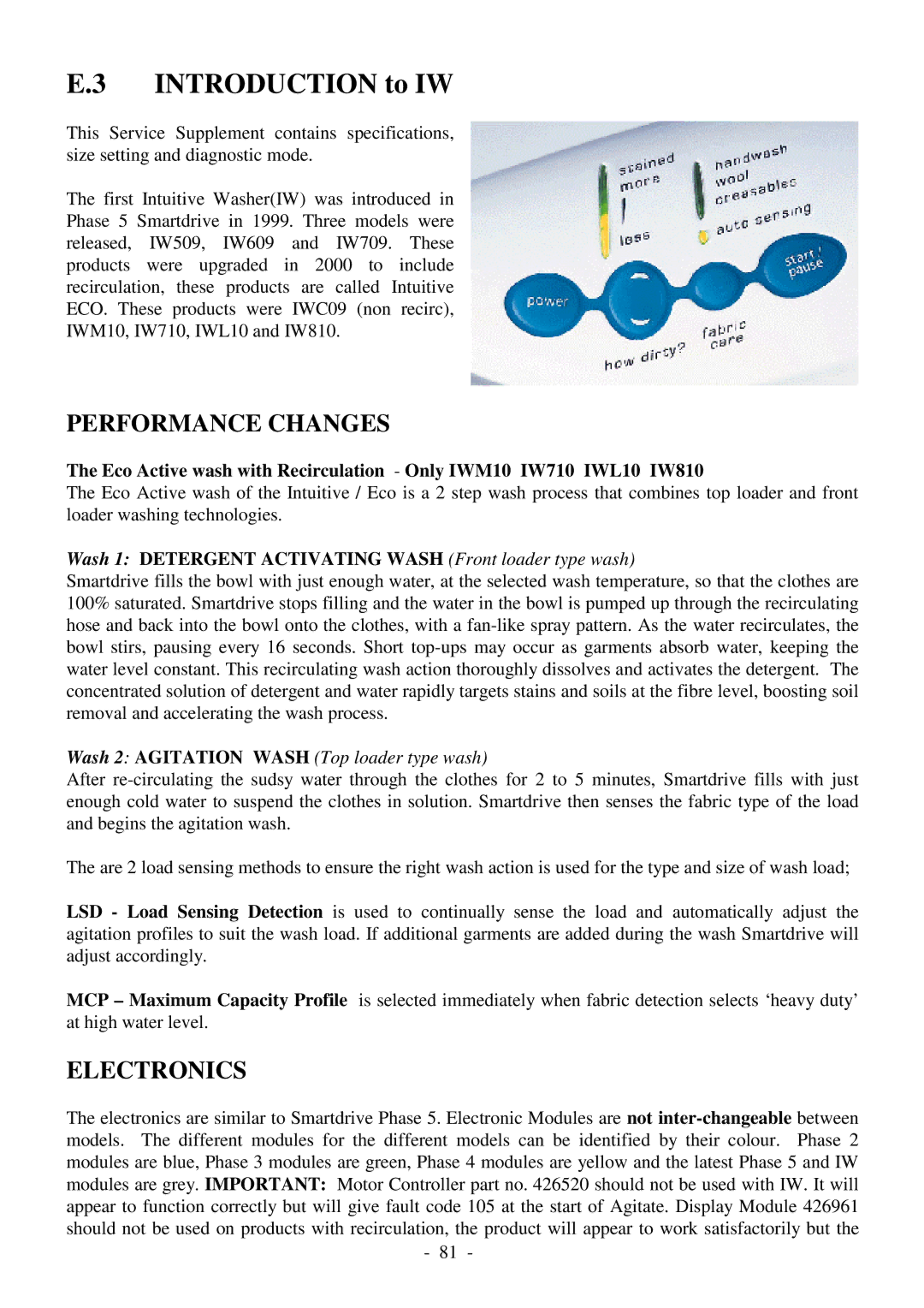 Fisher & Paykel 517735 service manual Introduction to IW, Wash 1 Detergent Activating Wash Front loader type wash 