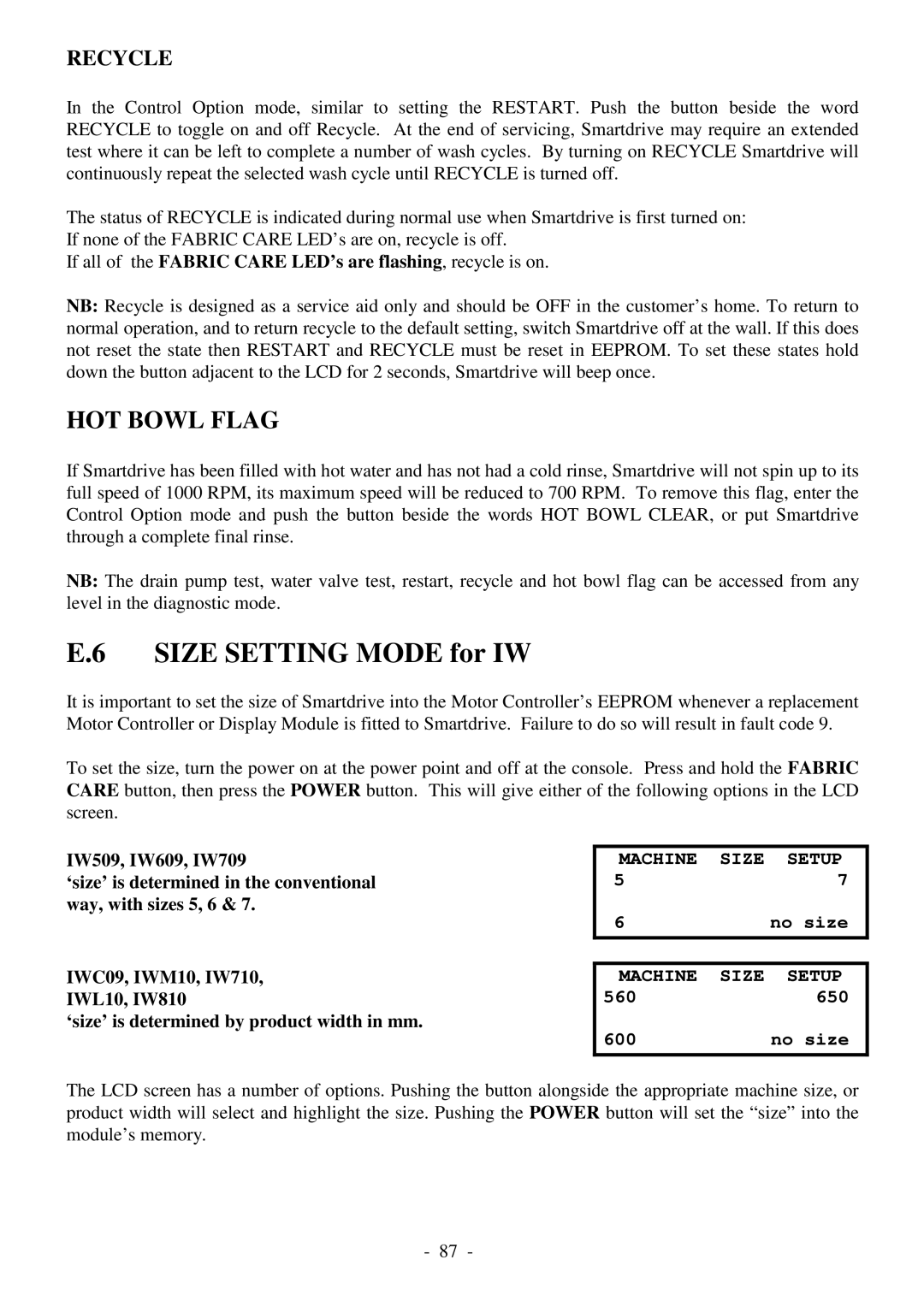 Fisher & Paykel 517735 service manual Size Setting Mode for IW, Recycle 