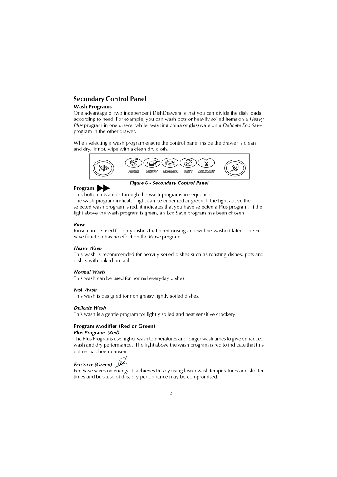 Fisher & Paykel 526984C, 525911L manual Secondary Control Panel, Program Modifier Red or Green 