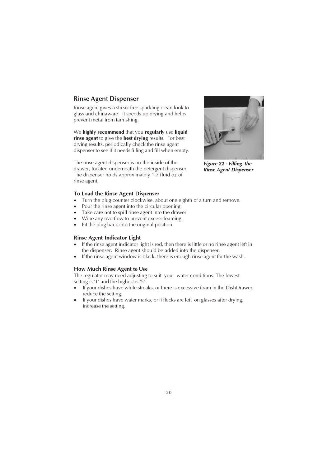 Fisher & Paykel 526984C To Load the Rinse Agent Dispenser, Rinse Agent Indicator Light, How Much Rinse Agent to Use 