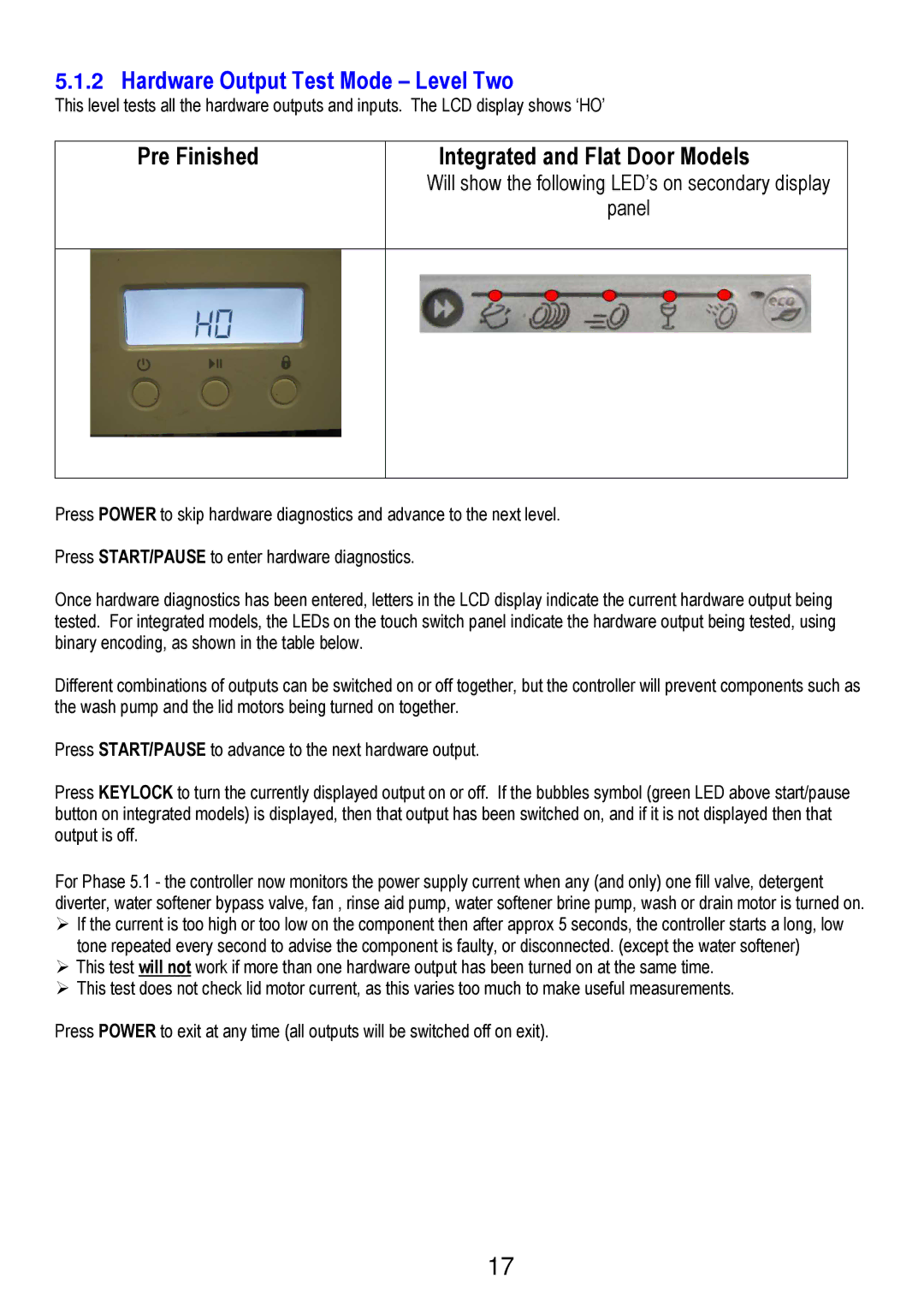 Fisher & Paykel 590241 manual Hardware Output Test Mode Level Two, Pre Finished Integrated and Flat Door Models 