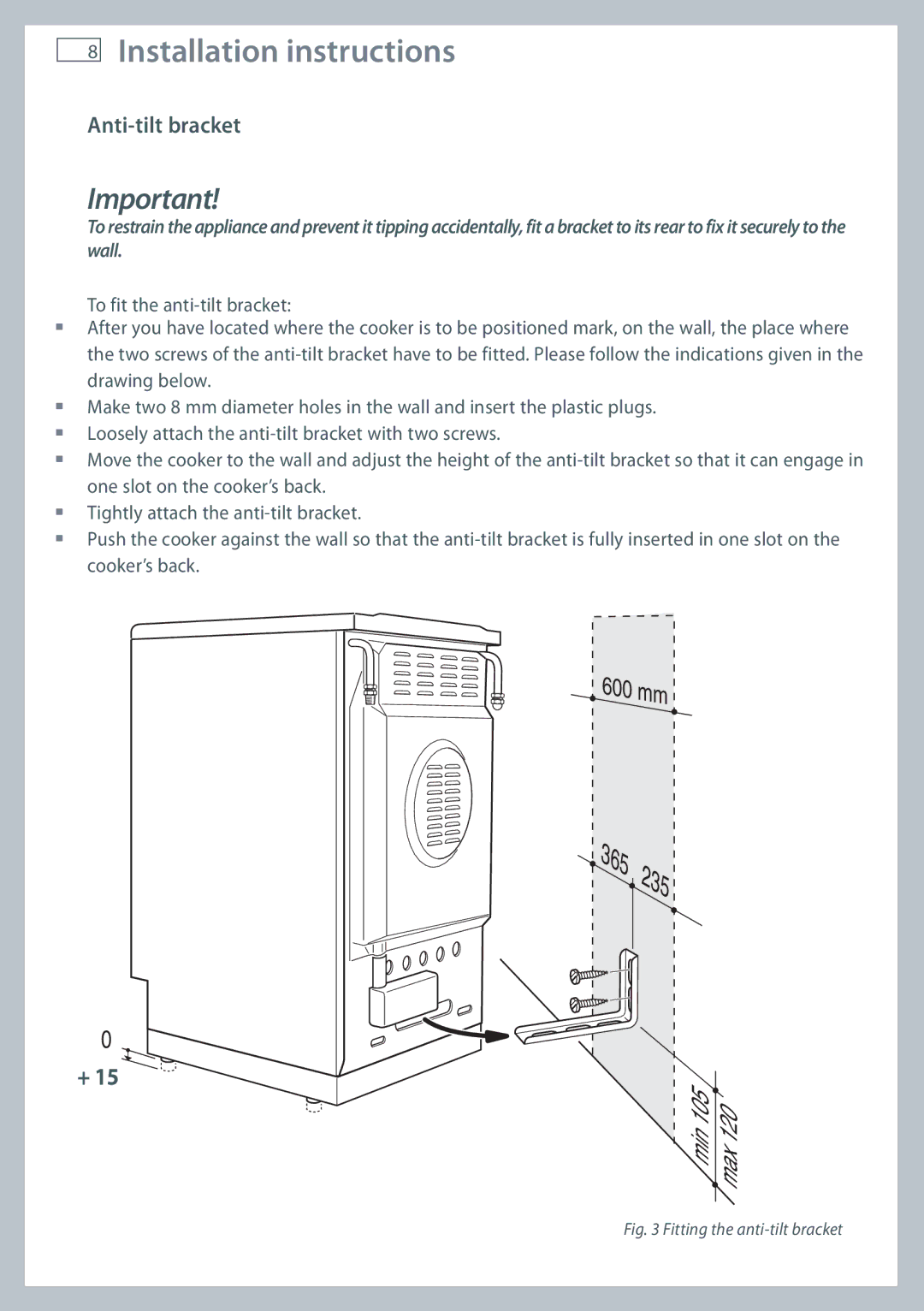 Fisher & Paykel 60 installation instructions Anti-tilt bracket, Fitting the anti-tilt bracket 