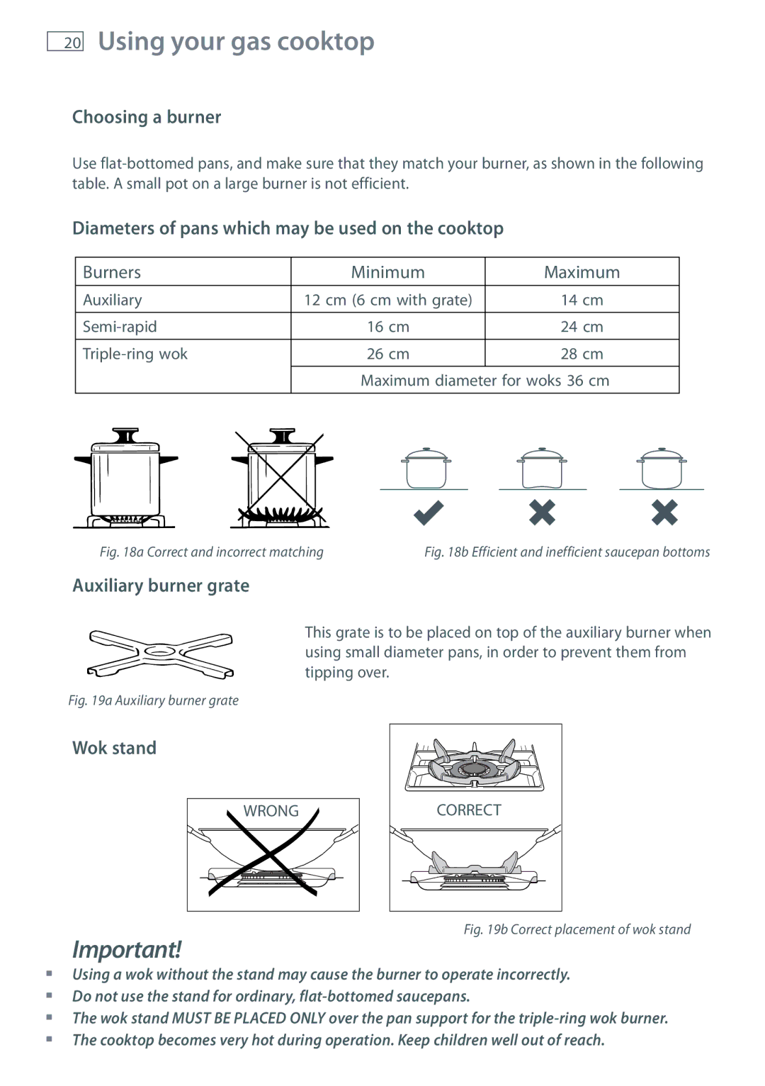 Fisher & Paykel 60 Choosing a burner, Diameters of pans which may be used on the cooktop, Auxiliary burner grate 