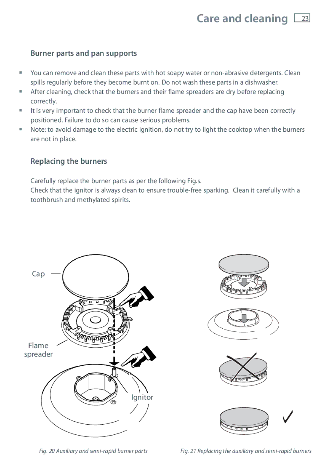 Fisher & Paykel 60 installation instructions Burner parts and pan supports, Replacing the burners 