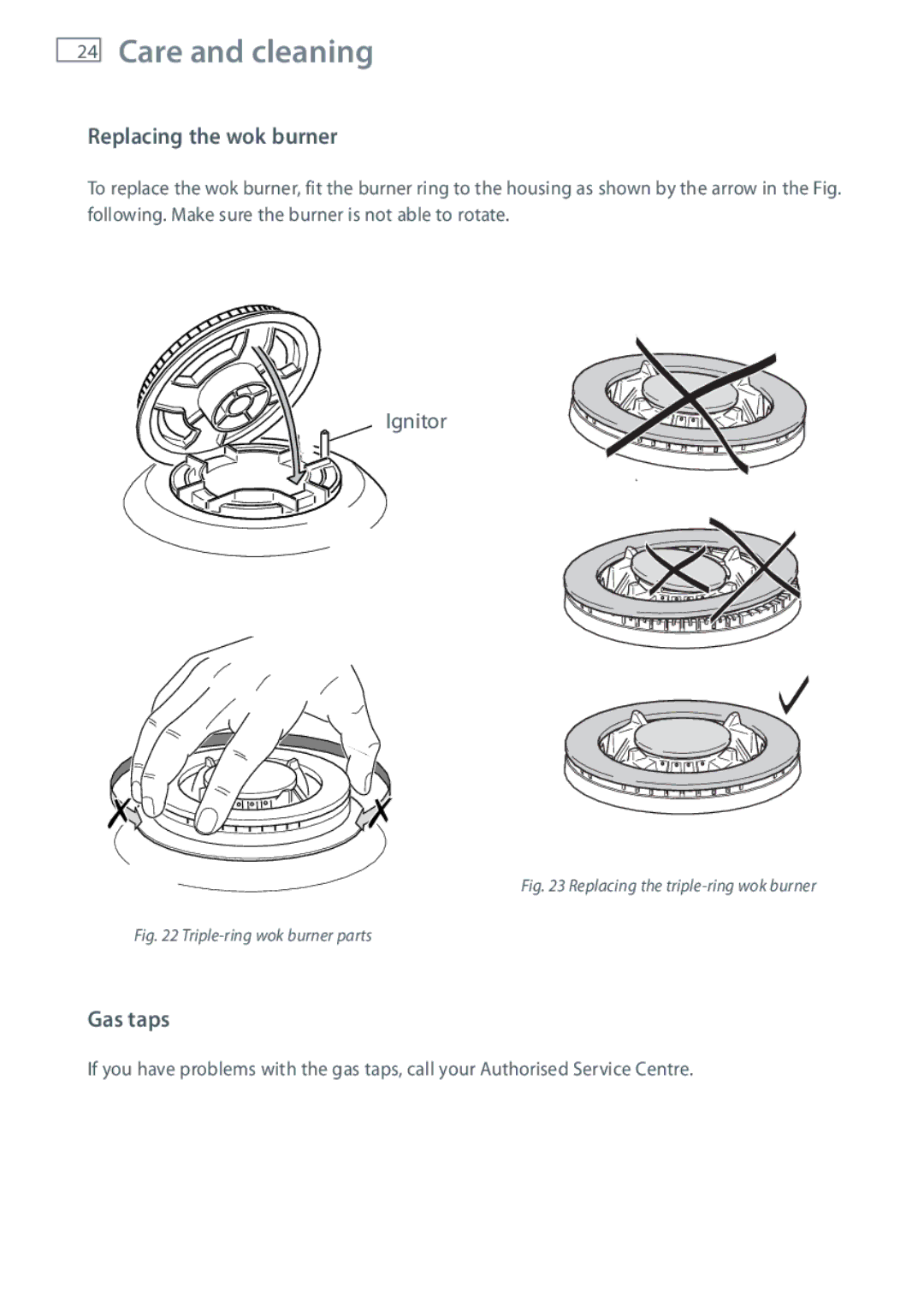 Fisher & Paykel 60 installation instructions Replacing the wok burner, Gas taps 