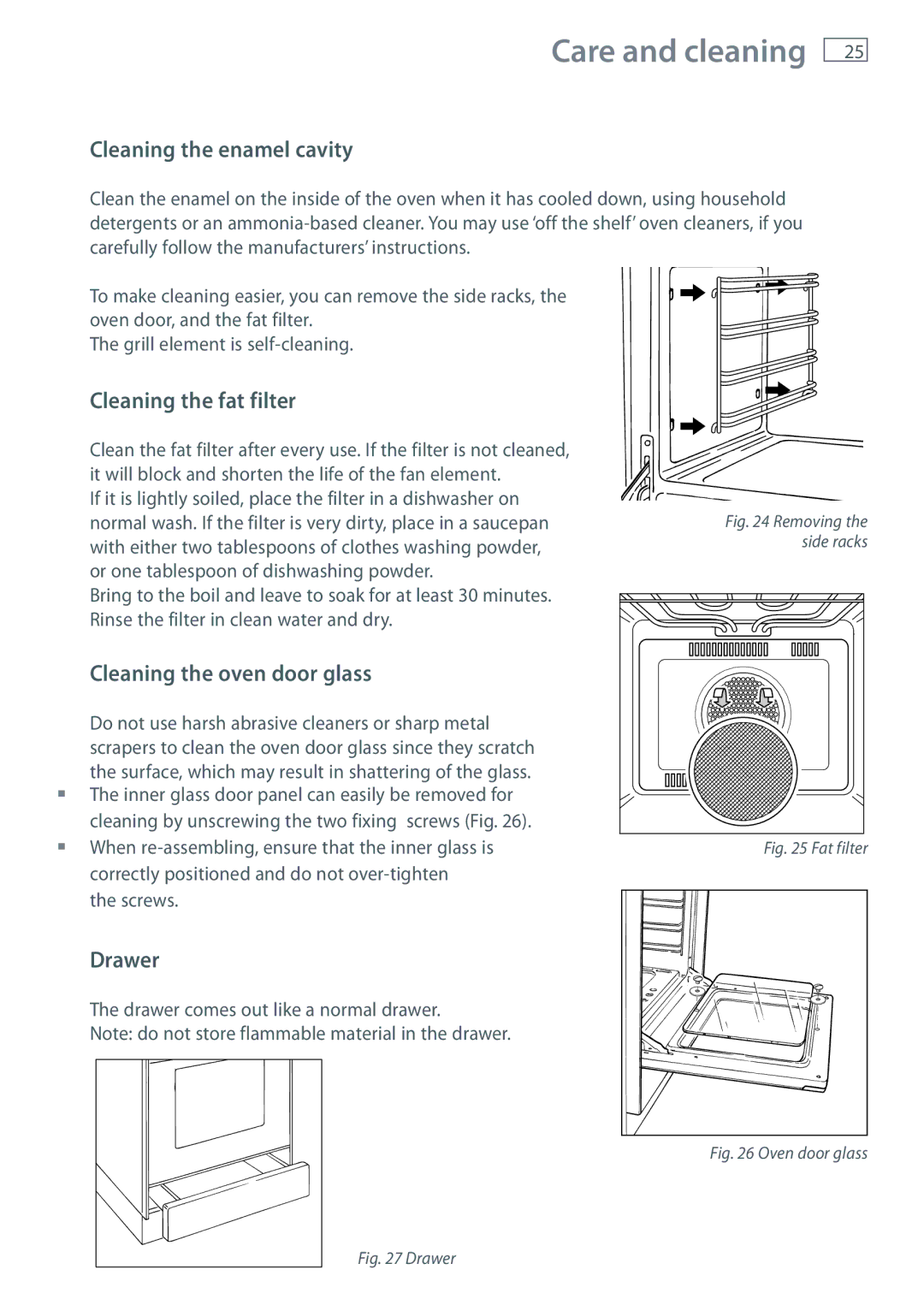 Fisher & Paykel 60 Cleaning the enamel cavity, Cleaning the fat filter, Cleaning the oven door glass, Drawer 