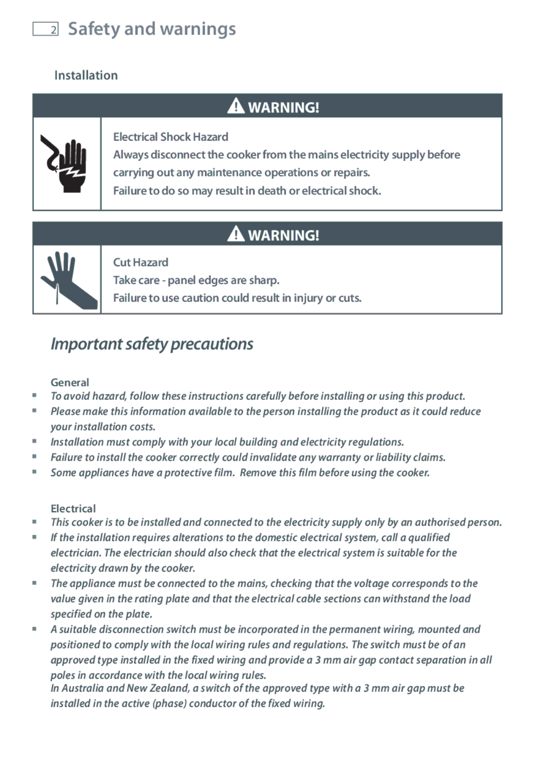 Fisher & Paykel 60 installation instructions Safety and warnings, Installation 